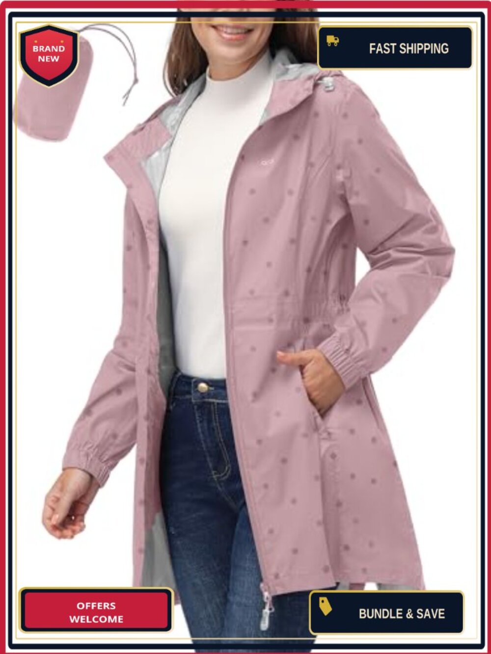 Waterproof Long Rain Coat with Hood, Packable, Adjustable Waist, 2 Pockets